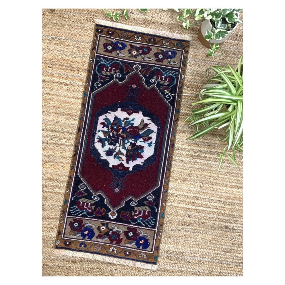 Vintage Boho Turkish Wool Mini 2x3 Rug Burgundy